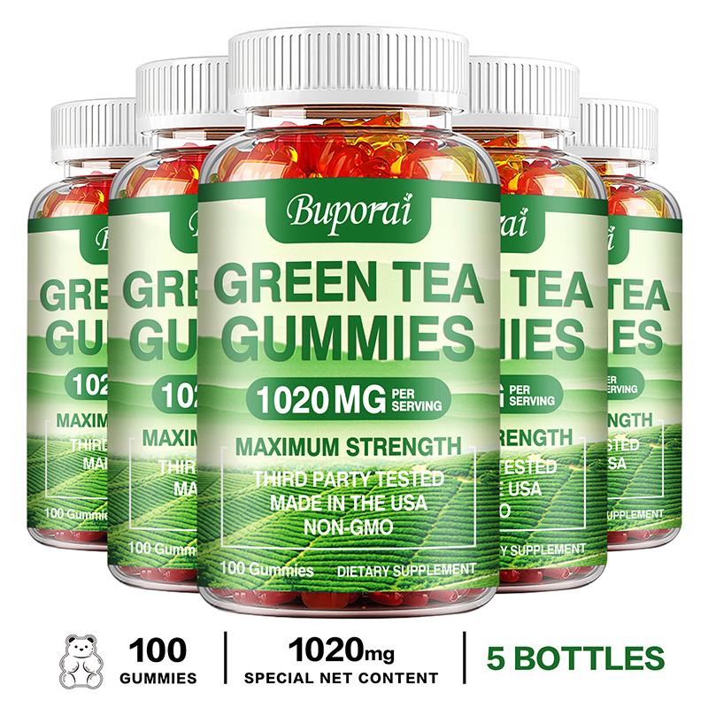 Green tea gummies; 1,020 mg per serving; contains Garcinia Cambogia, raspberry ketone, and coffee bean extract; promotes digestion.