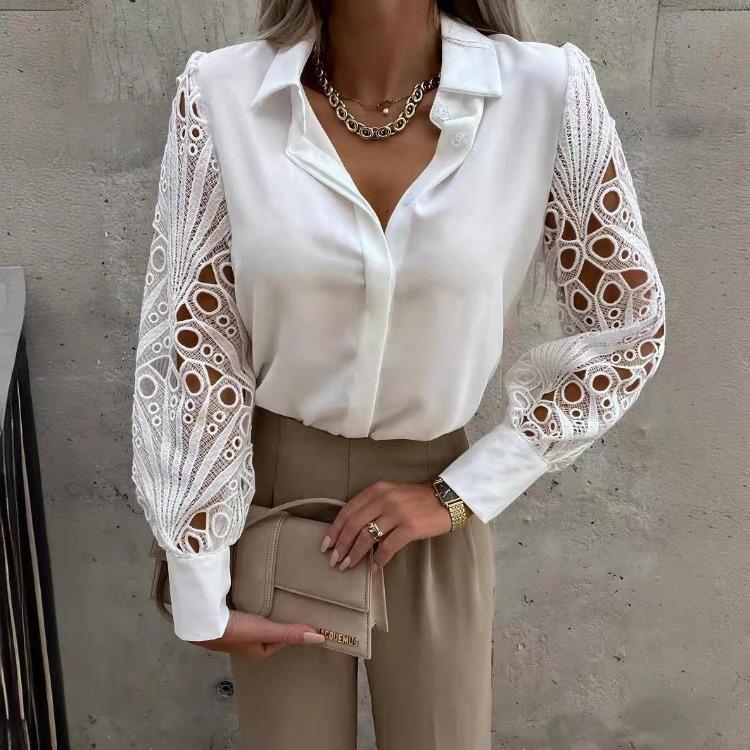 2026 New Women Blouse Spring Summer Solid Lace Stitching Top