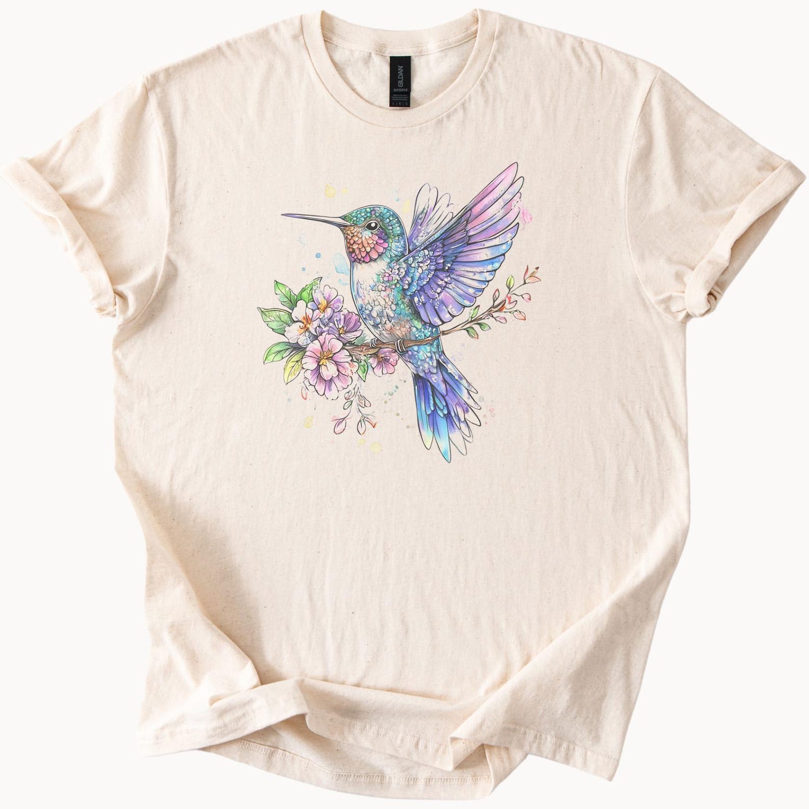 Colorful hummingbird with floral branch pastel watercolor art graphic t shirt nature bird tee shirt aesthetic spring garden design 160
