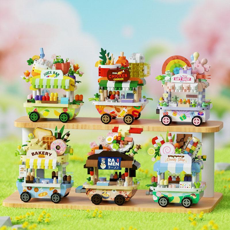Mini Creative Street Food Cart Model Building Block Set Holiday Gift Display Cabinet Puzzle Toy For Adults And Kids