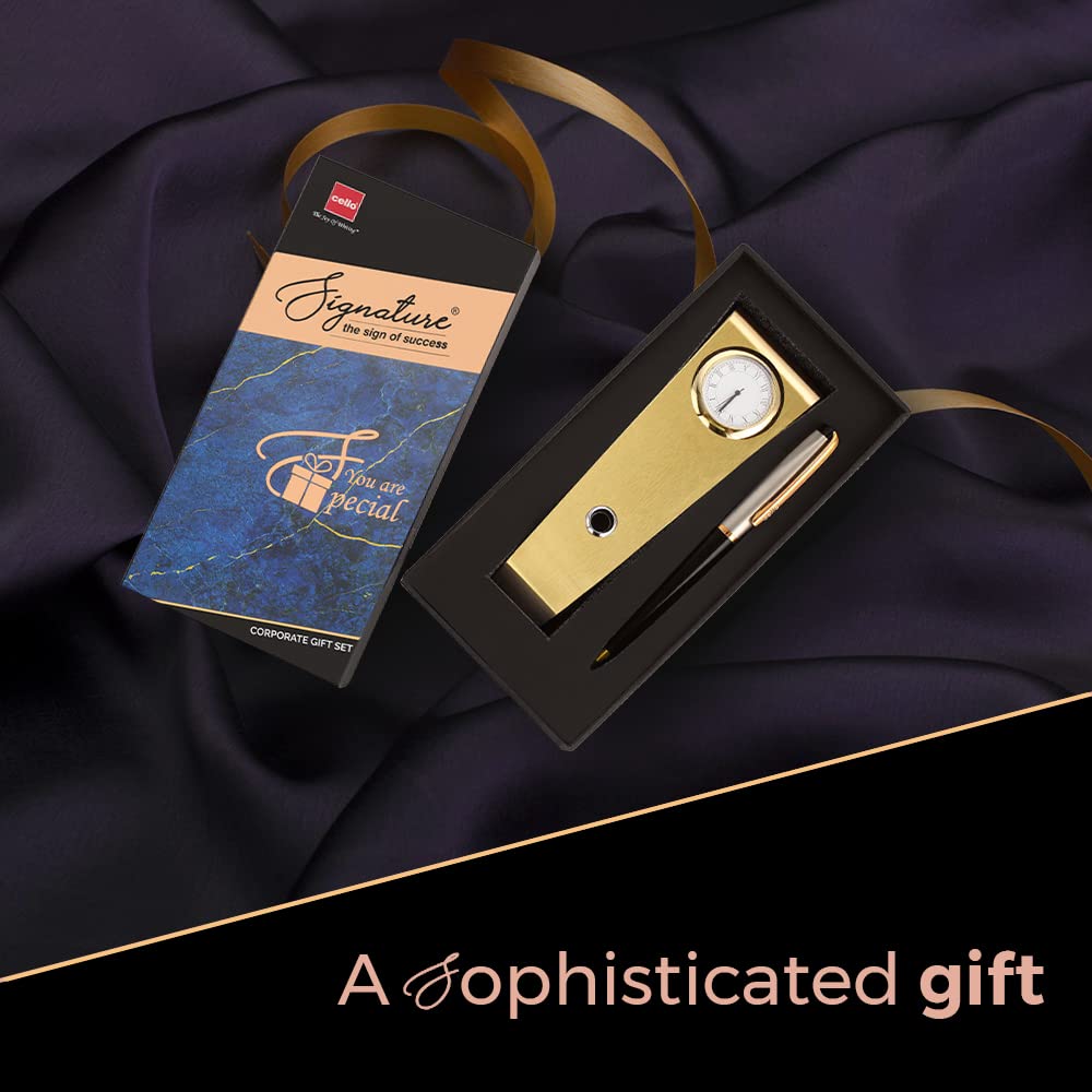 Cello Signature Rakshabandhan Gift Set with 1 Blue Ink Ball Pen & Golden Table Clock for Office & Home