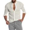 Men Stand Collar Full Button Long Sleeve Linen Shirt Rollable Cuffs Loose Fit Casual Daily Beach Vacation Top