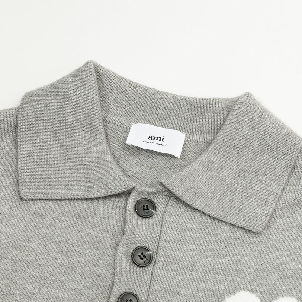 AMI White Heart-shaped Jacquard Alpaca Wool Blended Loose Sweater Polo Collar Men Pullover Sweater