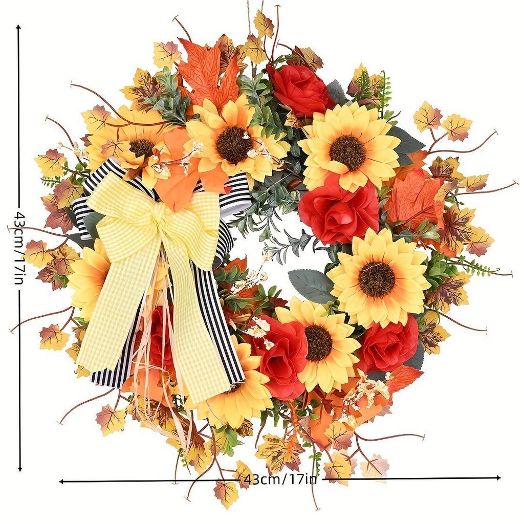 Wildflower Village Sunflower Wreath: Autumn Harvest Door Decoration for Thanksgiving