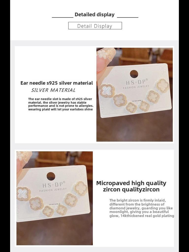 Damen-Ohrring-Set mit vierblättrigem Kleeblatt und Zirkonia – S925 Silber, stilvoll und schlicht