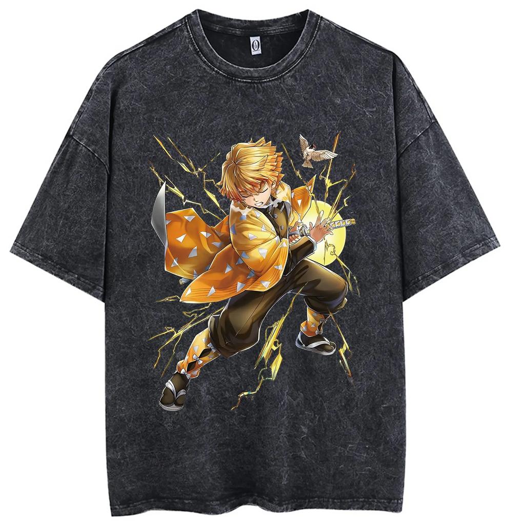 Demon Slayer Anime Printed Tshirt Mens and Womens Washed Tshirt High Quality Vintage Cotton Tshirt Harajuku YK Tops