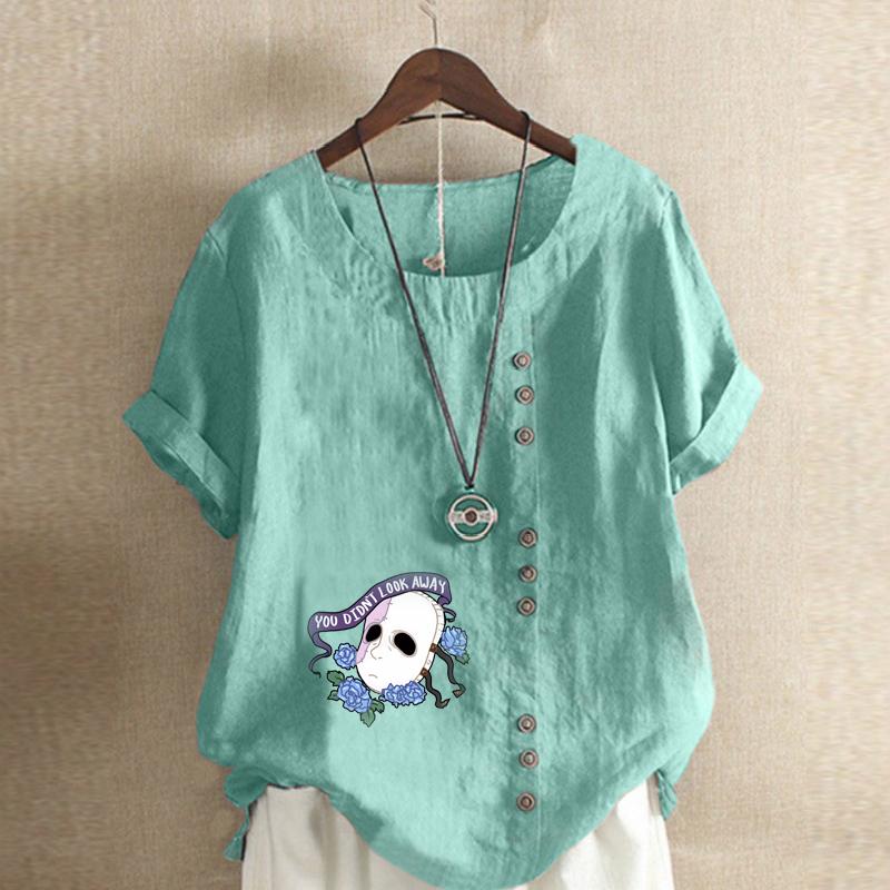 Women's Fashion Round Neck Short Sleeve T-shirt Casual Cotton Linen Graphic Shirt White Mask Prined Summer Blouse Tops Plus Size
