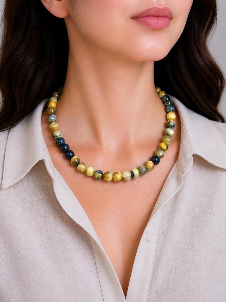 Collar Gargantilla Hecho a Mano con Cuentas Redondas de Piedra Natural Ojo de Tigre Multicolor Estrella de 8 mm 17-20" Para Ella 8BN-17