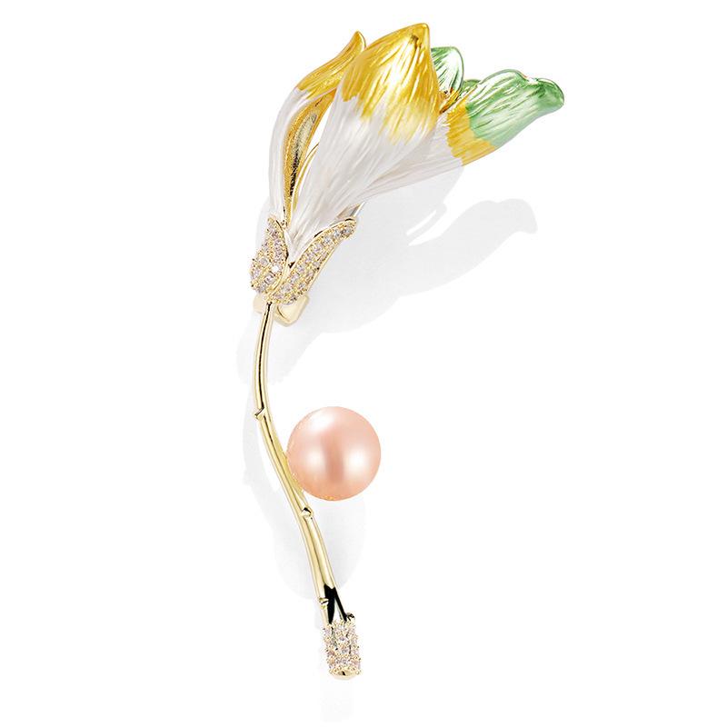 Bo Xin Yun Zircon Pearl Tulip Enamel Brooch Pin Accessory