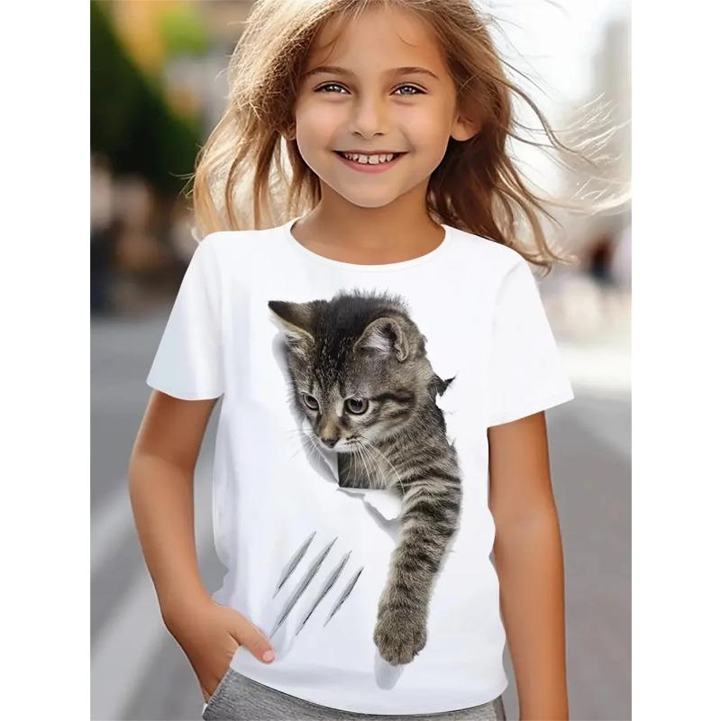 Vtipná dívčí trička Letní top s krátkým rukávem Kreslená zvířata Kočka 3D potisk Dívčí oblečení Ležérní trička