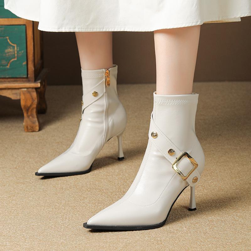 

Fan fashion high heel stiletto short boots women pointed side zipper belt buckle rivet personalized single boot tide 39