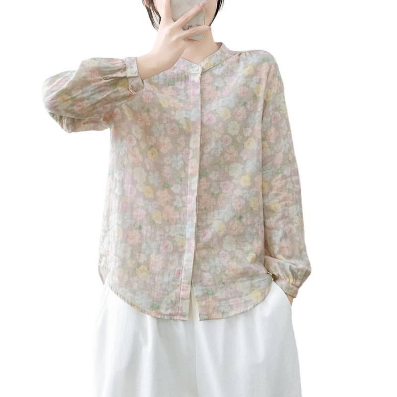 Spring 2026 Women's Printed Cotton Gauze Long Sleeve Stand Collar Cardigan Shirt