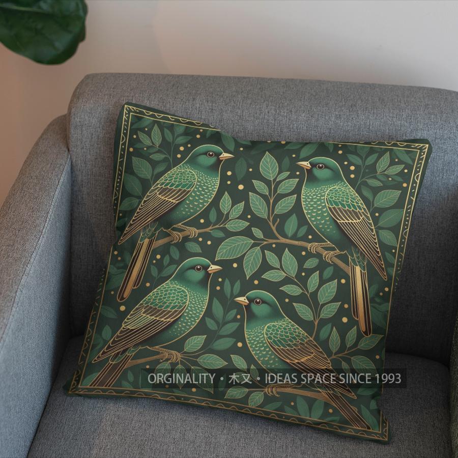 2D Green Birds With Gold Leaves Patterned Pillow Cover Pattern Cushion Cover Suitable For Sofa Bedroom Car Pillow Cover