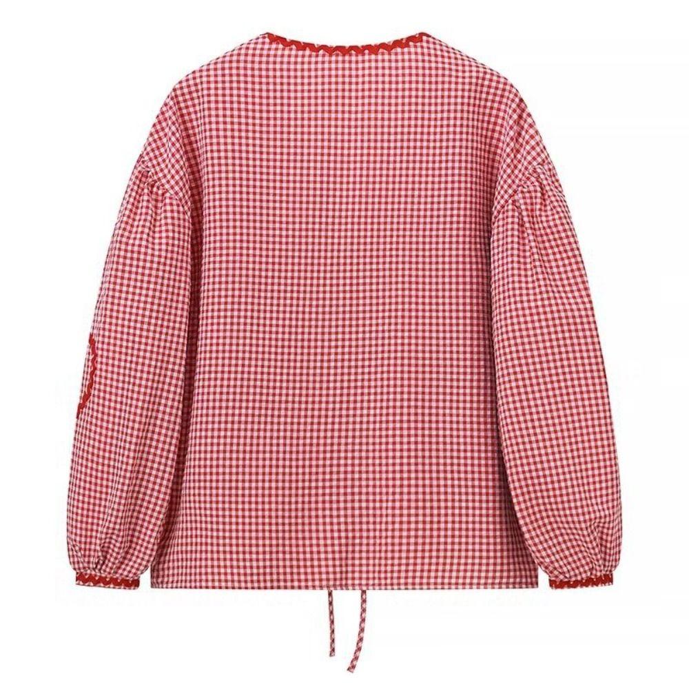 Ruffle Plaid Bowknot Lace Up Blouse Stripe Loose Chic Puff Sleeveless Blouse Tops Spring/Summe