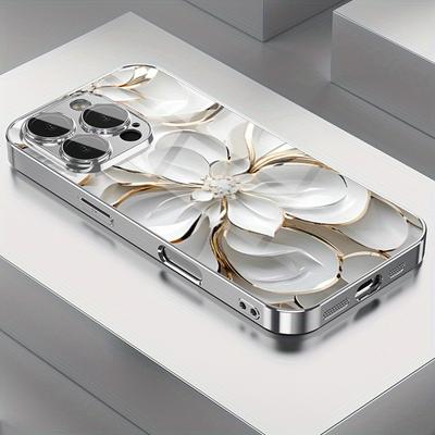 Olieverf Witte Bloemen Gehard Glas Gegalvaniseerd Telefoonhoesje Voor iPhone 17 16 15 14 13 12 11 Pro Max Plus 16E 17 Air Cover