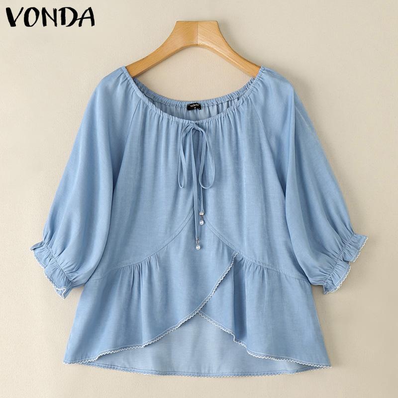 

VONDA Women Summer Half Sleeve Irregular Ruffled Casual Loose Blouse 4XL светло-синий