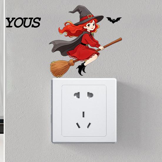Holiday Home Decoration Halloween Switch Sticker, Witch Riding Broom Light Decal, Creative Decor Self-Adhesive Wall Stickers for Bedroom Living
