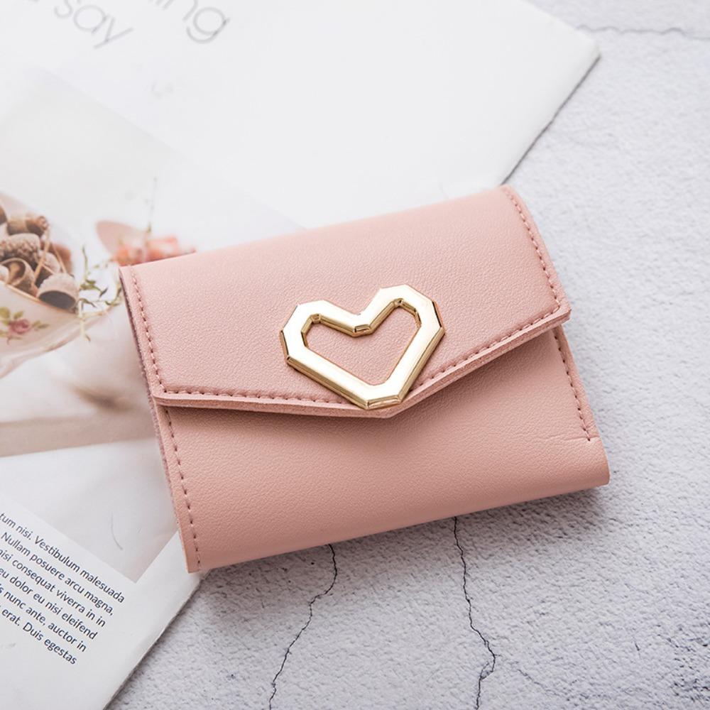 Fashion PU Leather Square Trifold Wallet 5 Colors Heart-Shaped Short Wallet Coin Purse Women Girls