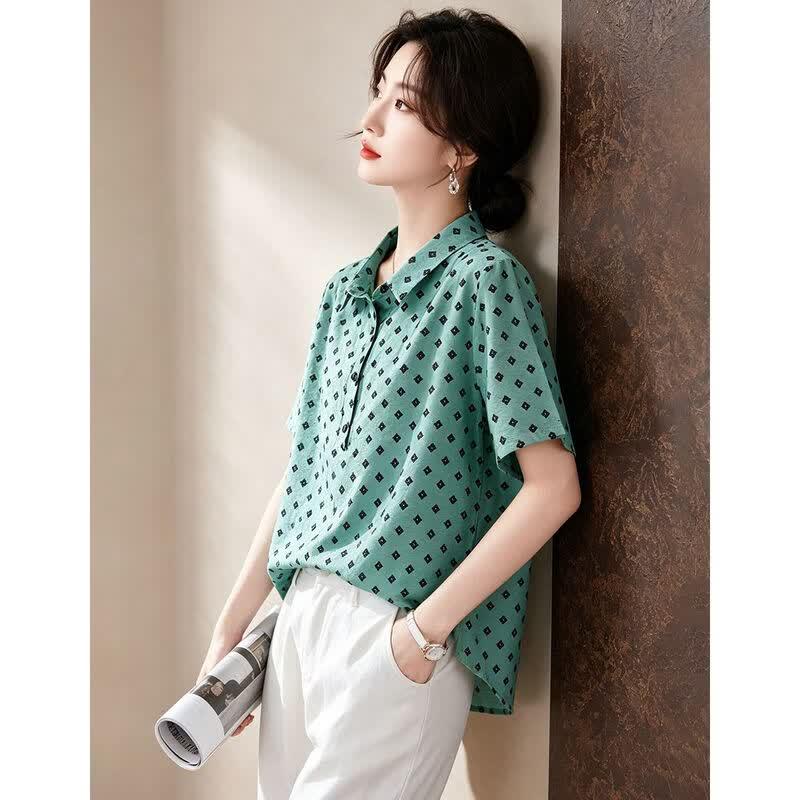 Women's Polka Dot Lapel Short Sleeve Blouse