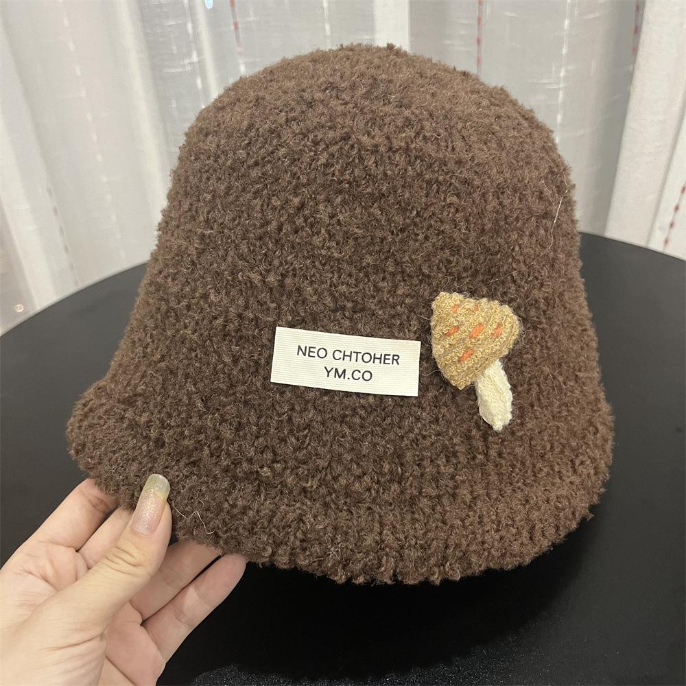 Cute three-dimensional mushroom bucket hat autumn and winter new lamb wool warm and cold-proof split bucket hat female