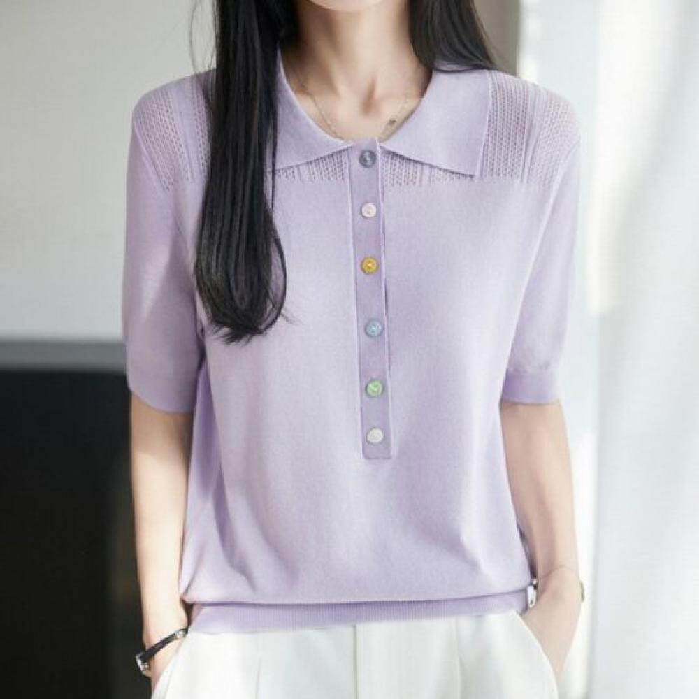 Navava Women Simple Basic Colorful BuTTon Collar ShorT Sleeve KniT T shirT Nk366