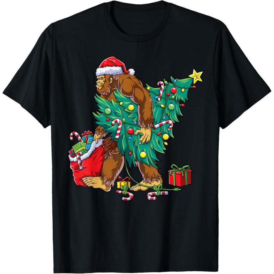 Bigfoot Christmas Tree Lights Xmas Boys Men Sasquax T-Shirt S