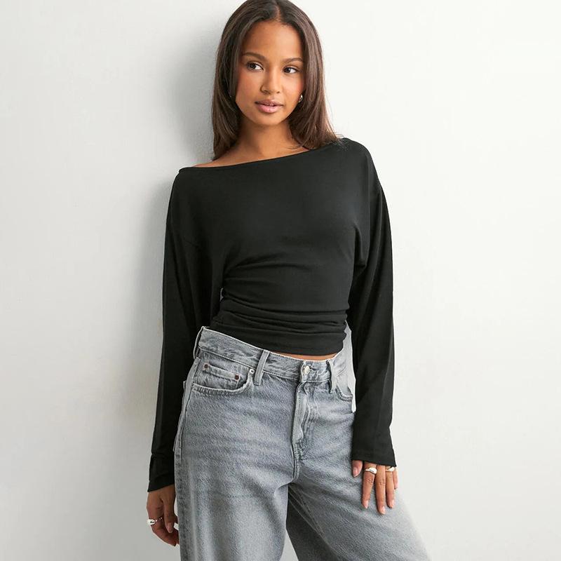Y25TP365 Women's One-Shoulder Batwing Sleeve Waist-Cinched Solid Color Autumn Pullover Top