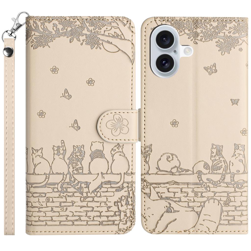 For iPhone 16 Case with Wrist Strap Leather Phone Cover Wall Cats Pattern