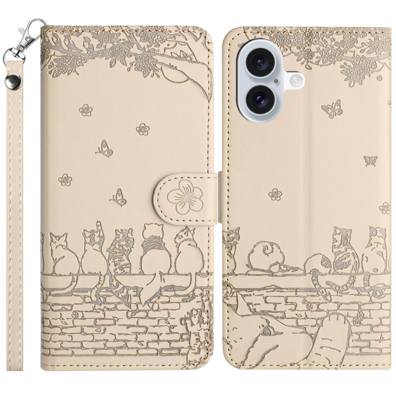 

For iPhone 16 Case with Wrist Strap Leather Phone Cover Wall Cats Pattern
