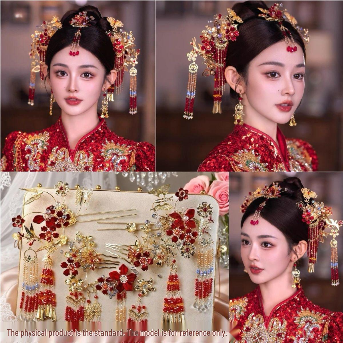 Elegant Xiuhe Bridal Headdress: Red & Gold Forehead Ornaments with Eyebrow-Center Pendants for Wedding Makeup Artist - Bride - Photography Industry