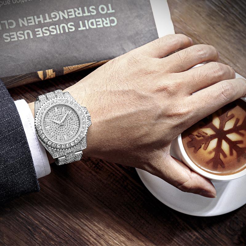 Zegarek Męski Luksusowy Biznesowy Wodoodporny Z Diamentami Zewnętrznymi Zegarek Dla Mężczyzn Stalowy Pasek Zegarek Kwarcowy Casual Prezent Popularny Produkt