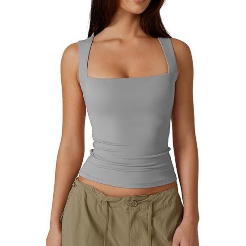 Summer Women's Square Neck Sleeveless Double Tank Top Basic Skinny T-Shirt