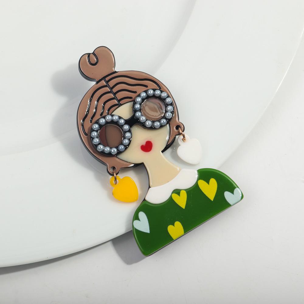New Cute Girl Figure Acrylic Brooches for Women Spliced Handmade Glasses Lady Badge Lapel Pins Jewelry Clothing Accessories Gift