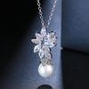 Silver Flower Zirconia Pearl Dangle Earrings for Women