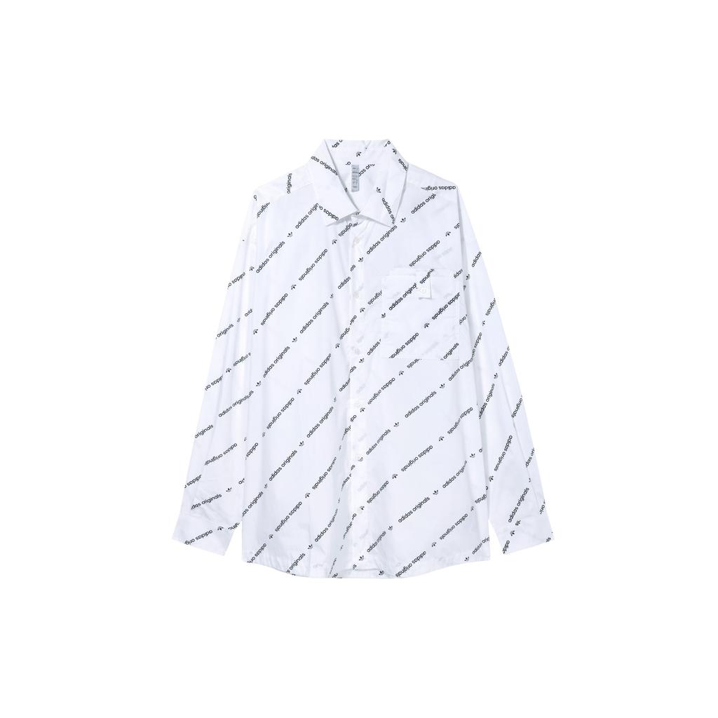 Adidas Originals Trefoil Print Alphabet Full Print Snap-Button Long Sleeve Shirt Unisex Tops White HU1228