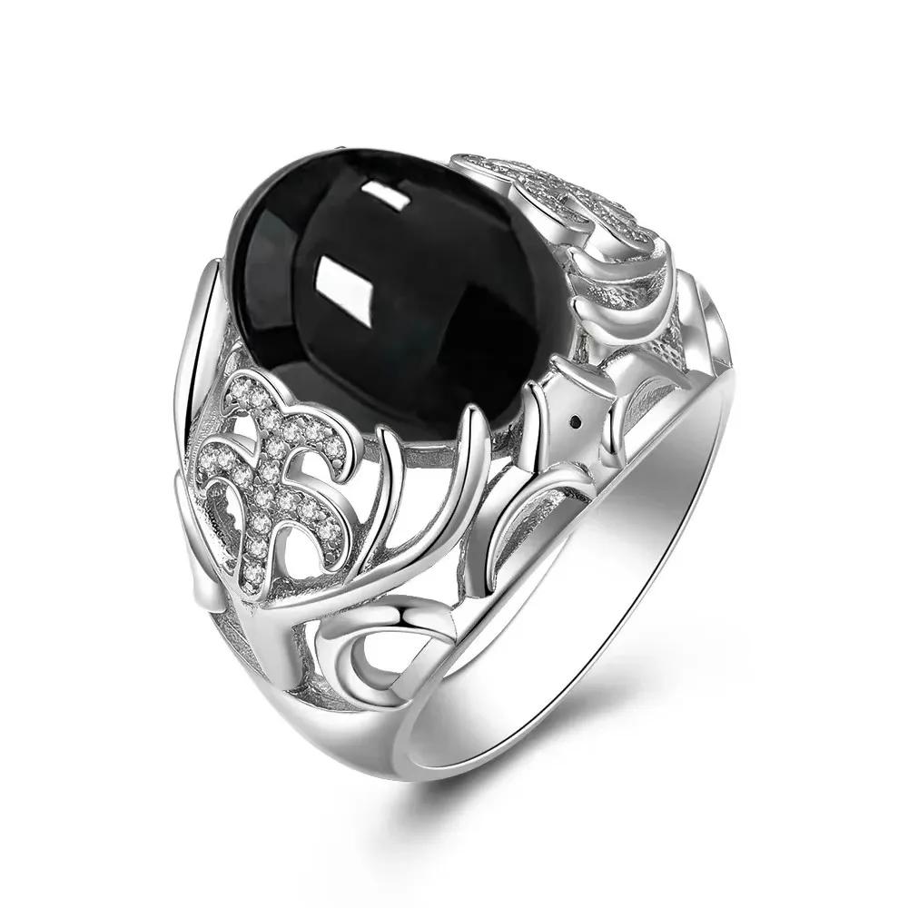 Vintage Sterling Silver 925 Ring with Large Natural Black Onyx Stone 10*14MM Oval Shape Fine Party Jewelry for Men.