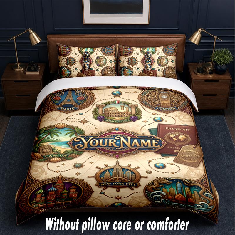 Adventure Travel Theme Custom Text Or Name 3Pcs Bedding Set,1 Flat Sheet & 2 Pillowcases Personalized Home Bedding
