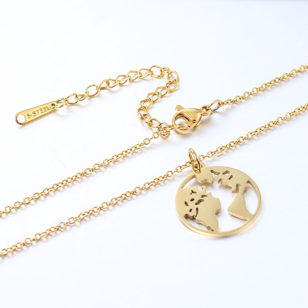 Cross-border Hot Selling World Map Travel Necklace Fashion Stainless Steel Jewelry Hollow Earth Pendant Women's Bamboo Sporty