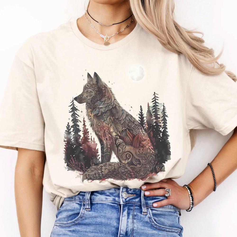 Maanlicht Mystieke Wolf Print T-shirt Vintage Dark Academia Fantasy Y2K Unisex Shirt Casual Korte Mouw Katoenen T-shirt Streetwear