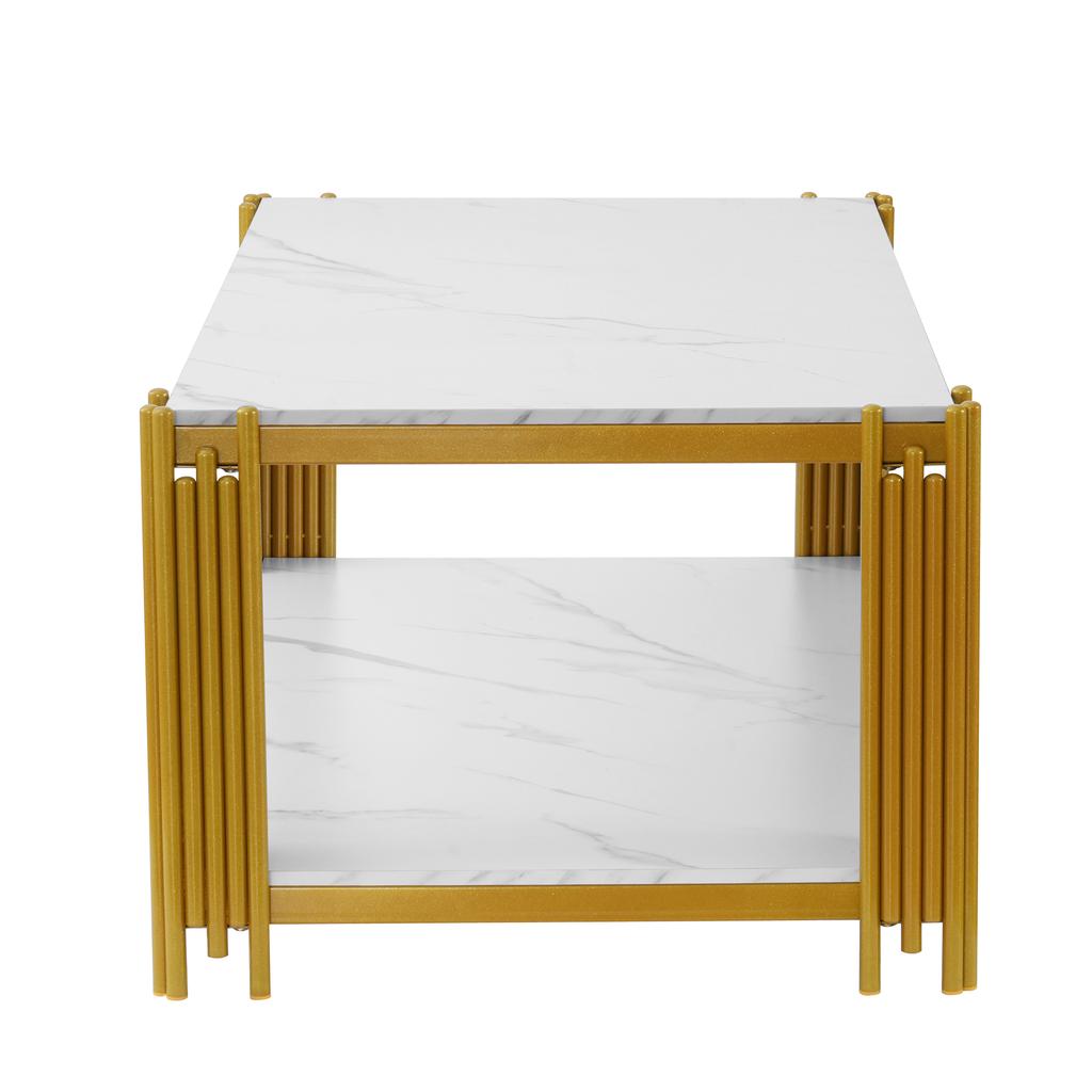 Rechteckiger Couchtisch mit Metallbeinen, Marmorierte Tischplatte, Moderne Wohnzimmermöbel, Weiß-Gold – H46/B1140/T64 cm