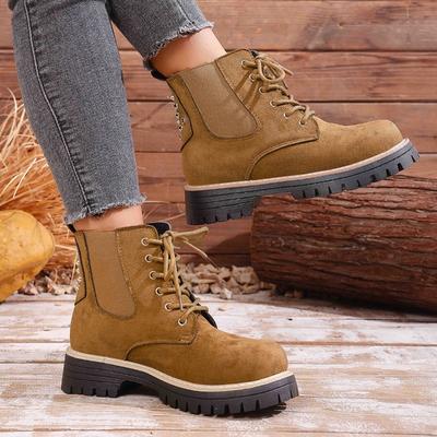 Botins Tamanho Grande de Camurça Muffin com Cadarços e Bico Redondo Inverno 2025 Salto Grosso Estilo Britânico Botas Martin para Mulheres