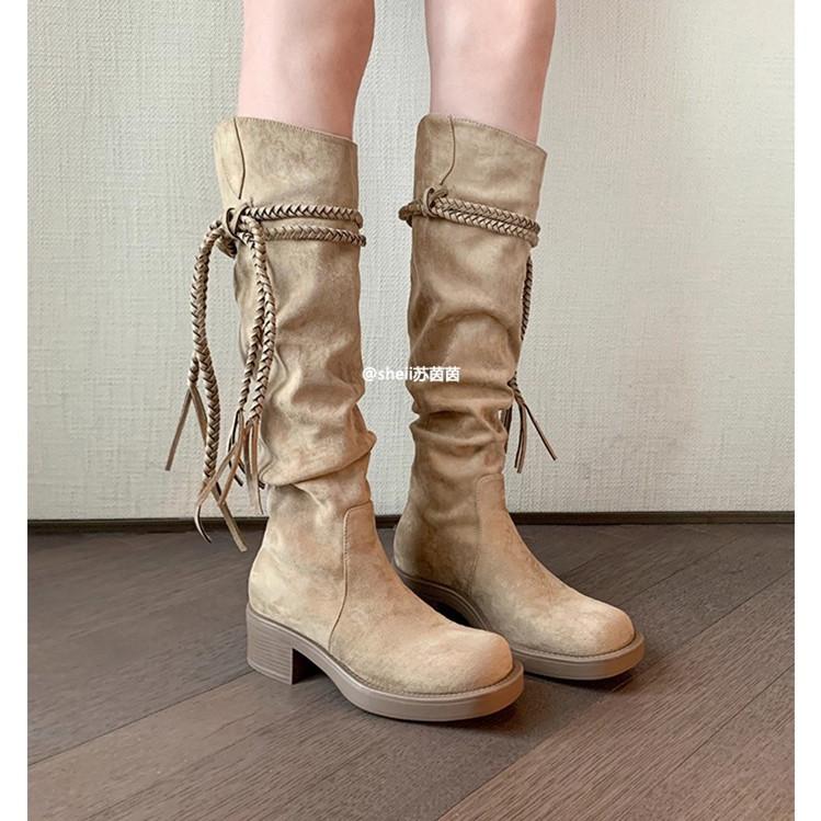 [Grape Mother of the Same Style] Egyptian Boots~ Fringed Thick Heel Medium and High Boots Western Cowboy Boots Women's Stacking Boots