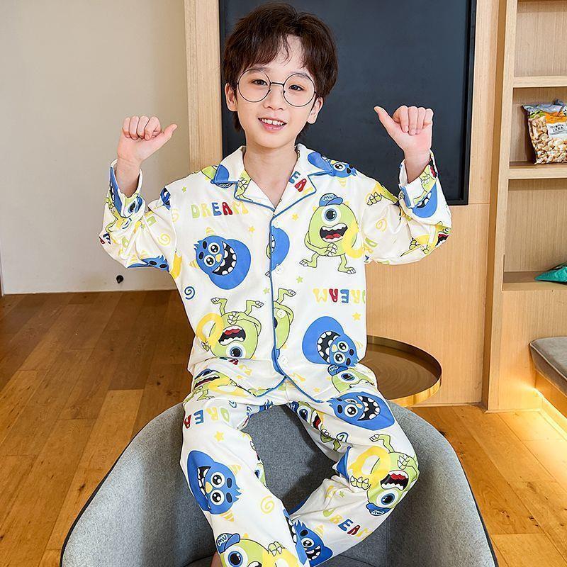 Spring & Autumn Children's Cartoon Cardigan Pajamas for Boys & Girls - Long Sleeve, Loose Fit, S/M/L Sizes