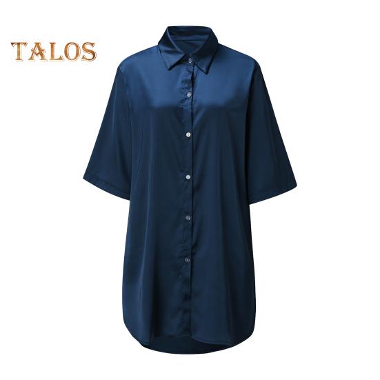 Damen Sommer Nachthemd Halbarm Hemdtyp Revers Einreihig Locker Einfarbig Satin Locker Geteilter Saum Homewear Schlafkleid Nachtwäsche