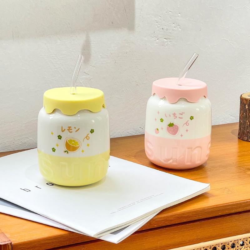 Creative Japanese High-Value Ceramic Straw Cup With Lid Household Cute Cartoon Feng Shui Cup