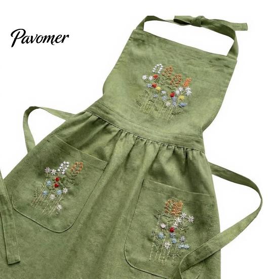 Adjustable Professional Chef Apron Kitchen with Pockets, Durable Washable Apron, Cross Fabric Cooking Back Design, Hand-Embroidered Heavy Duty Utility