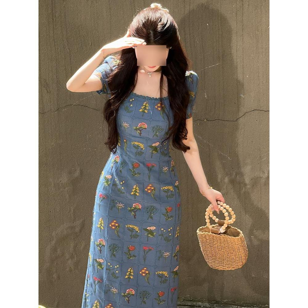 High-end fashion heavy industry embroidery knee-length dress femininity waist thin meat-covering dress