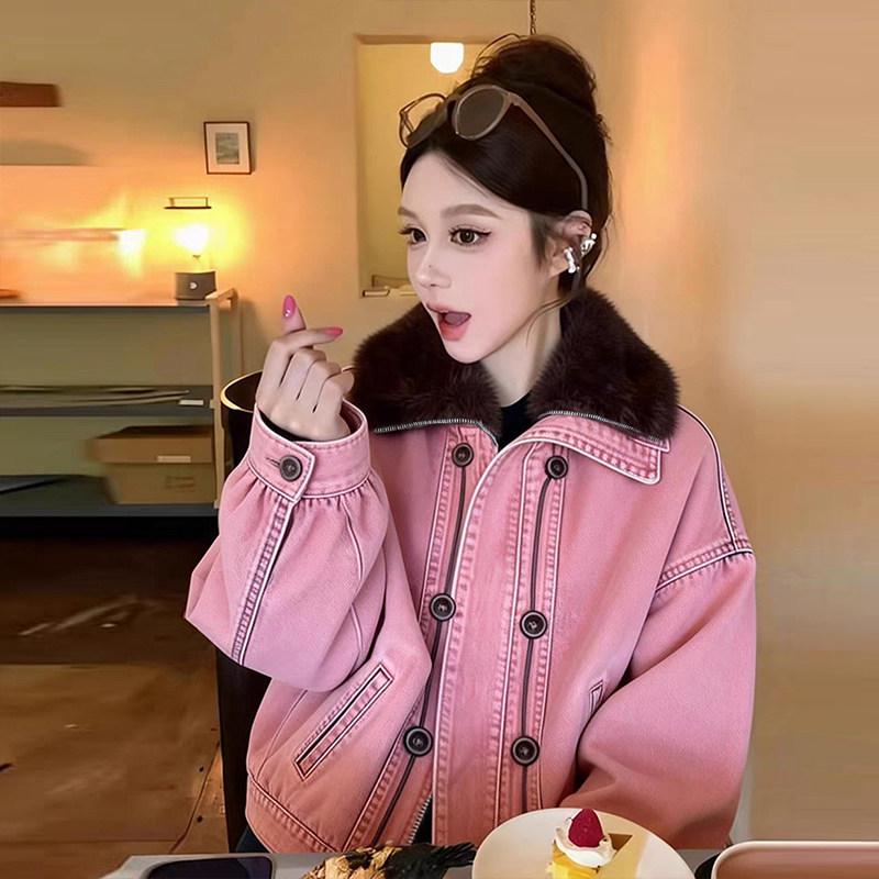 Women's American-Style Pink Denim Fur Collar Jacket - Short, Thick, and Beautiful Winter Coat.