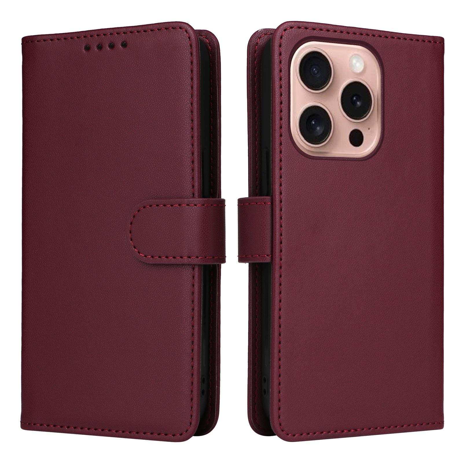 

For iPhone 16 Pro Magnetic Case BETOPNICE Detachable PU Leather Phone Cover with Strap Wine Red