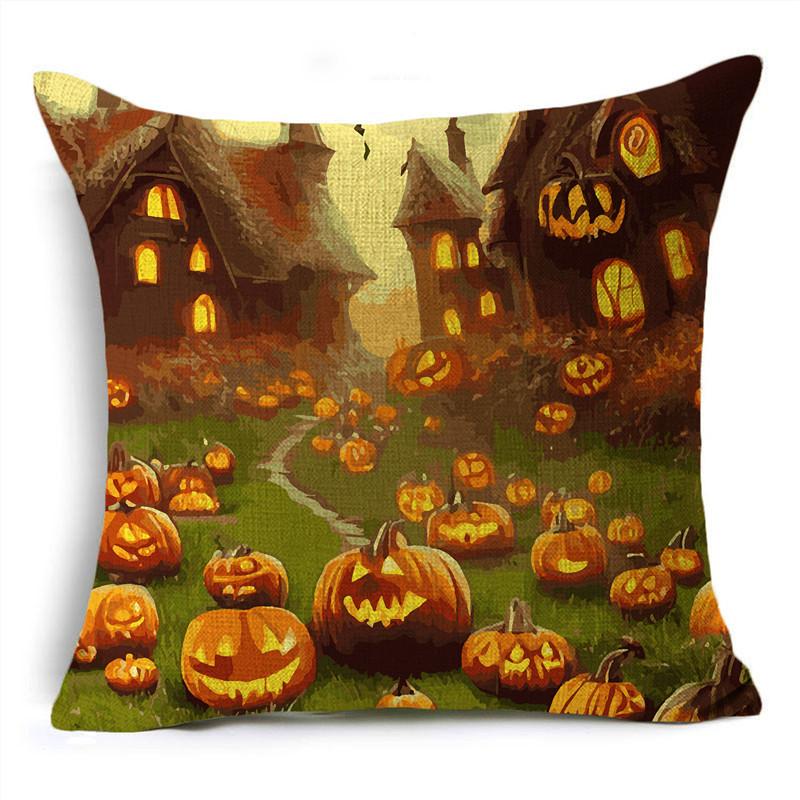 Halloween Interesting Pumpkin Lantern Series Castle Linen Throw Pillowcase Decorative Cushion Cover For Sofa Livingroom Party